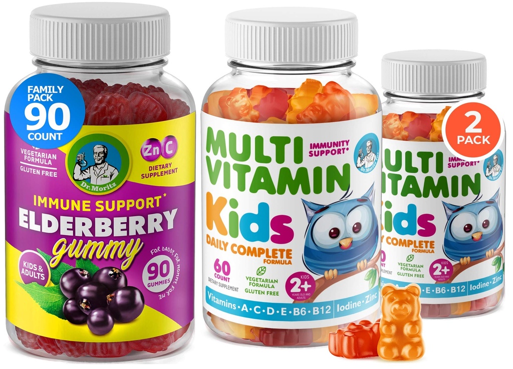 Kids Multivitamin Gummies 14 Essential Vitamins and Elderberry Gummies for Kids and Adults Vitamin A, C, D, E Vegetarian B6 & B12, Zinc, Biotin Gummy Multivitamins for Children + Immune support