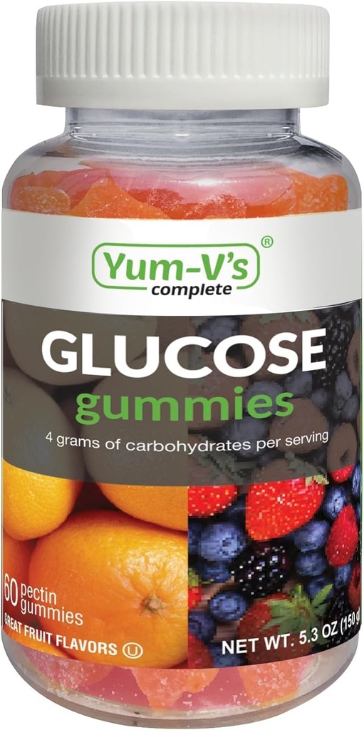 YUM-V'S Glucose Gummies – Fast Acting Glucose Gummy – Great Tasting – Gluten Free, Vegan, Non-GMO – Orange & Berry Natural Flavor – 60 Chewable Gummies for Adults & Kids