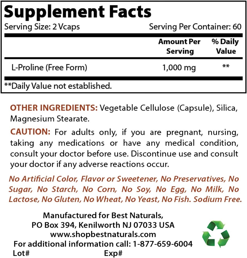 Best Naturals L-proline 500 mg & L-Arginine 1000 mg