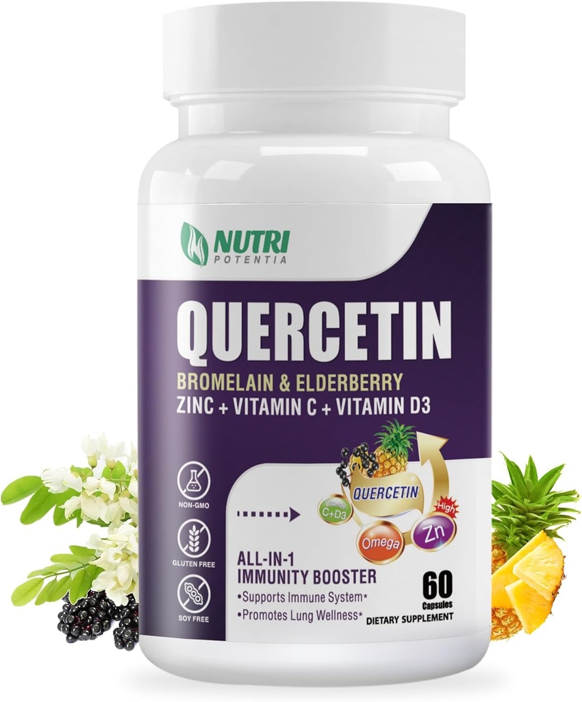 Quercetin with Bromelain, Quercetin 500mg Capsules, Vitamin C & D3, Zinc and Elderberry - Advanced Lung Immune and Respiratory Support Supplement - 60 Capsules