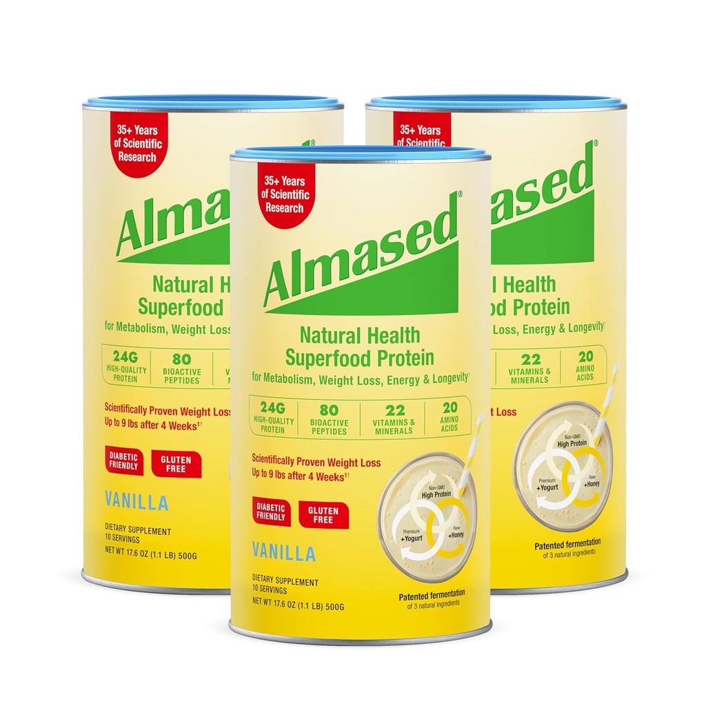 Almased Vanilla Meal Replacement Shake - Low-Glycemic High Plant Base Protein Powder- Nutritional Weight Health Support Supplement - Vanilla Flavor - 17.6 oz (1.1 Pound (3 Pack))
