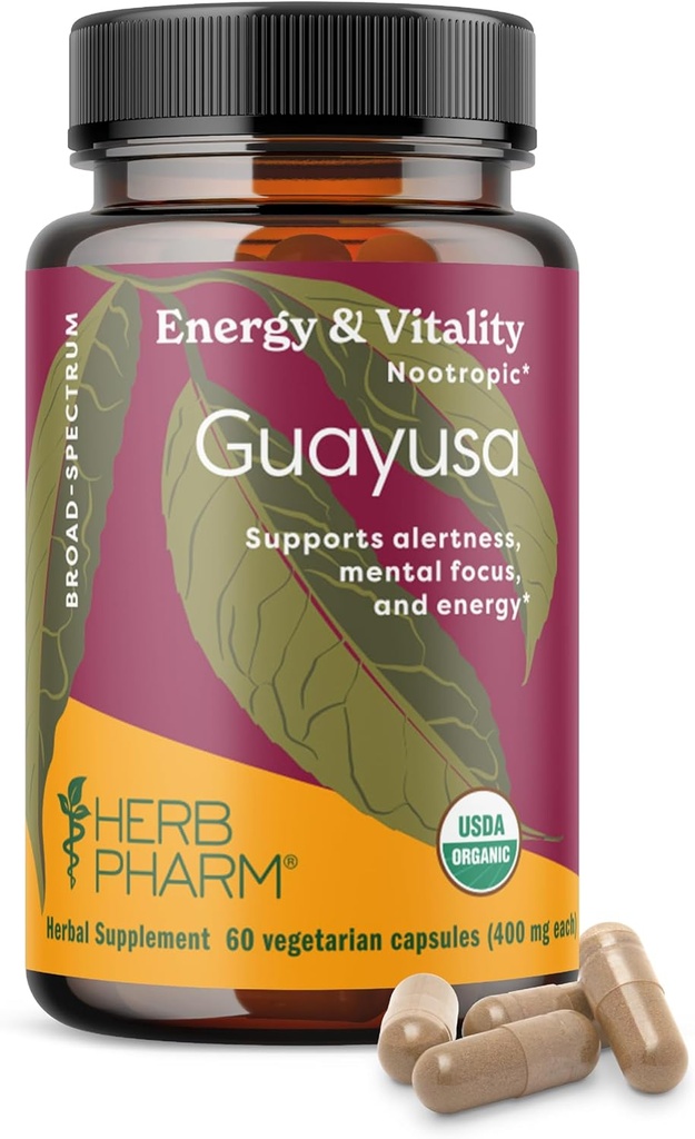 Herb Pharm USDA Organic Nootropic Guayusa Capsules | Brain Supplements for Focus, Herbal Nootropic & Energy Support| 60 Vegan Capsules, 30 Day Supply*