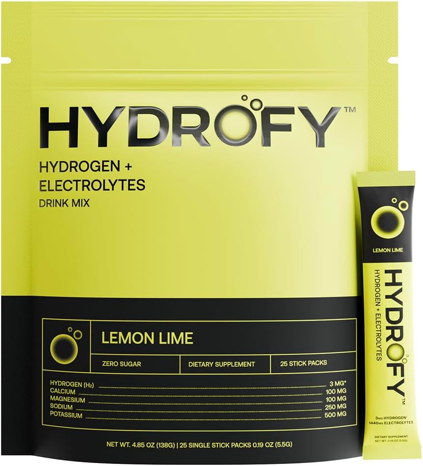 Hydrogen Water + Electrolytes Drink Mix | H2 Hydration Packets with Molecular Hydrogen, Sodium, Potassium, Magnesium, Calcium, and Minerals | No Sugar | Lemon Lime | 25 ct