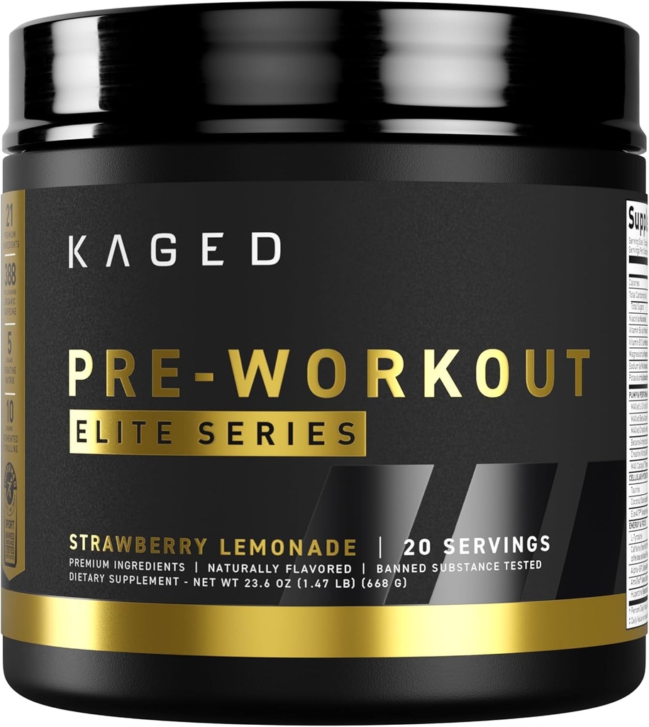 Kaged Pre Workout Elite Powder | Strawberry Lemonade | Pre-Workout with Creatine, Beta Alanine, L-Citrulline, BCAAs | 388 mg Organic Caffeine | Pre Supplements for Men & Women | 20 Servings