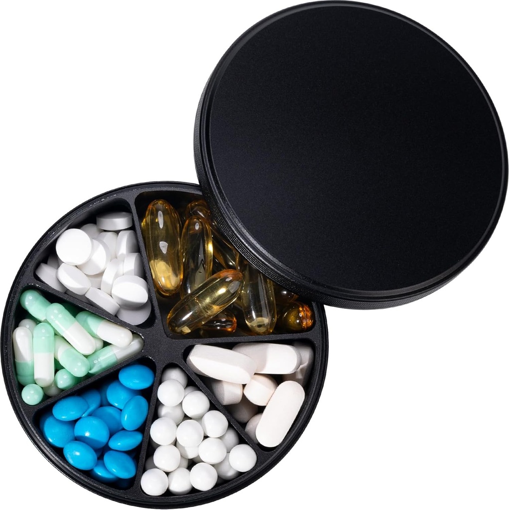 Pill Organizer with 6 Compartments - Heavy Duty Metal Daily Pill Case, Large Pill Container Holder, Waterproof Medication Dispenser Pill Box for Vitamin Supplement Medicine Fish Oils, 0.38lb, Black