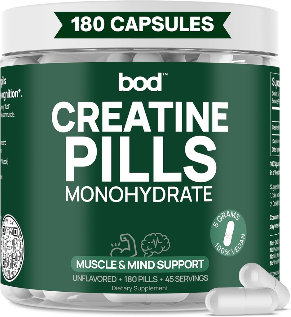 Goba Tea BOD Creatine Monohydrate Pills for Muscle Support, Vegan Pre or Post-Workout Creatine Capsules for Women and Men, 5g Micronized & Instantized, Creatina Monohidratada, 180 Capsules