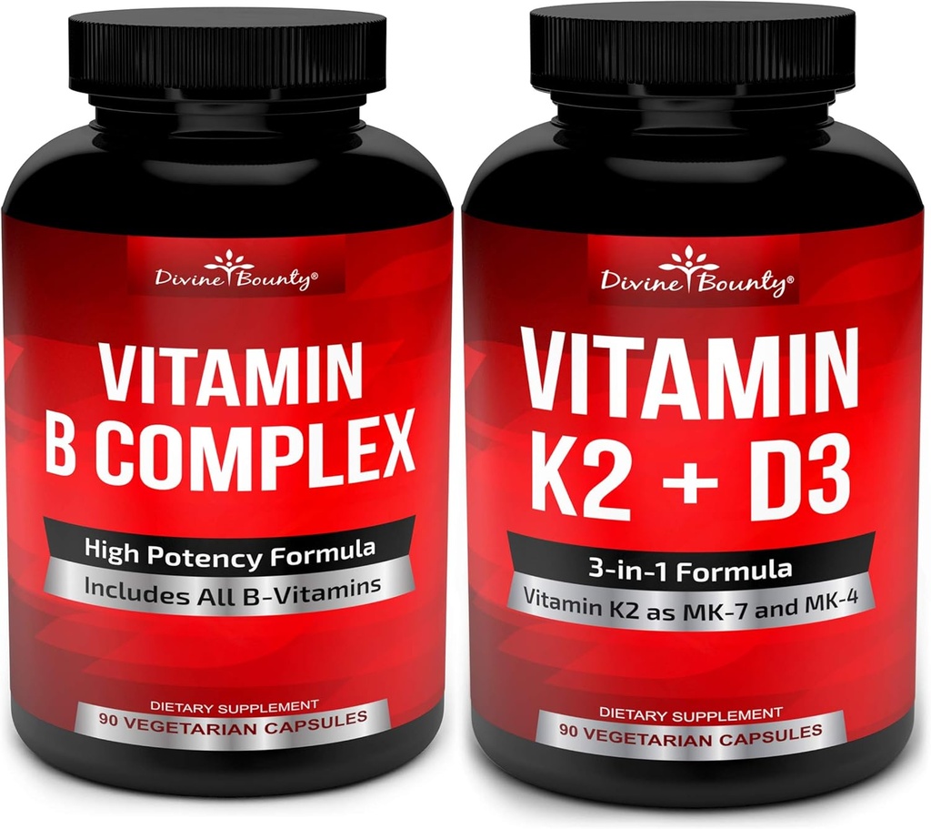 Divine Bounty Super B Complex Vitamins & Vitamin K2 with D3 Bundle