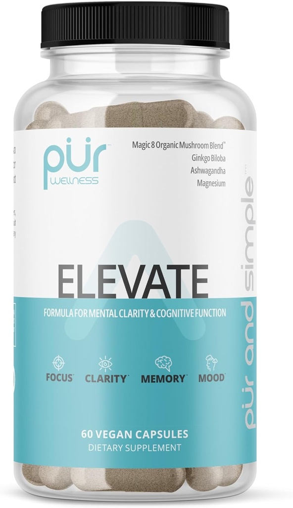 PUR Wellness Elevate Nootropic Brain Supplement for Focus Clarity Memory Mood, 8 Mushroom Blend, Ginkgo Biloba, Ashwagandha, Magnesium for Natural Energy, Caffeine-Free for Concentration