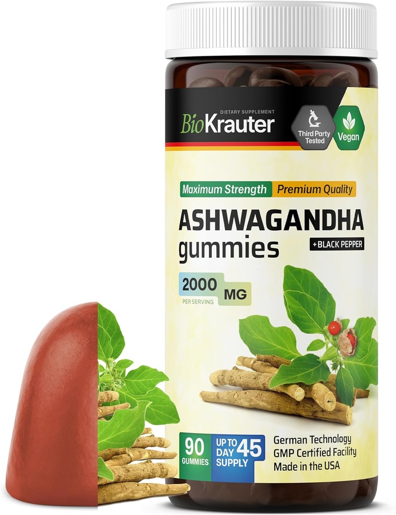 BIO KRAUTER Ashwagandha Gummies for Women & Men - 2000 mg Strength - 90 Chews for Mood Support - Chewable Ashwagandha Supplements - Vegan - Mango Flavor
