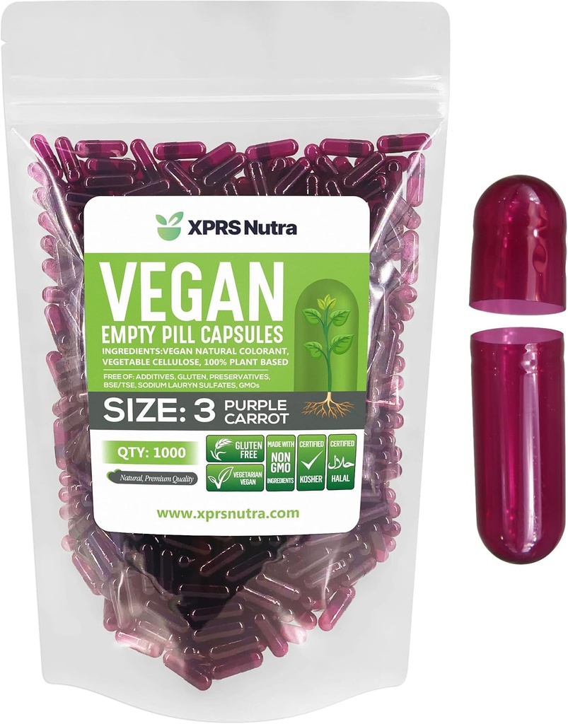 XPRS Nutra Size 3 Empty Capsules - 1000 Count Empty Vegan - Vegetarian Pills - DIY Vegetable Capsule Filling - Veggie Pill Caps (Purple Carrot)