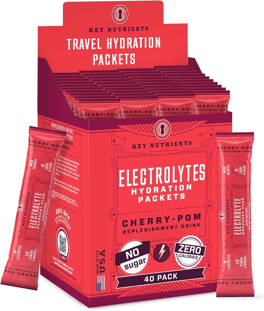 KEY NUTRIENTS Multivitamin Electrolytes Powder Packets - Sweet Cherry-Pom 40 Pack Hydration Packets - Travel Hydration Powder - No Sugar, No Calories, Gluten Free - Made in USA