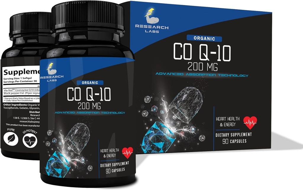 Research Labs Advanced Absorption 200mg CoQ10 w/Black Pepper Extract. 90 Softgels. Organic, Gluten Free, Heart Health Support, Energy Production, Antioxidant Supplement