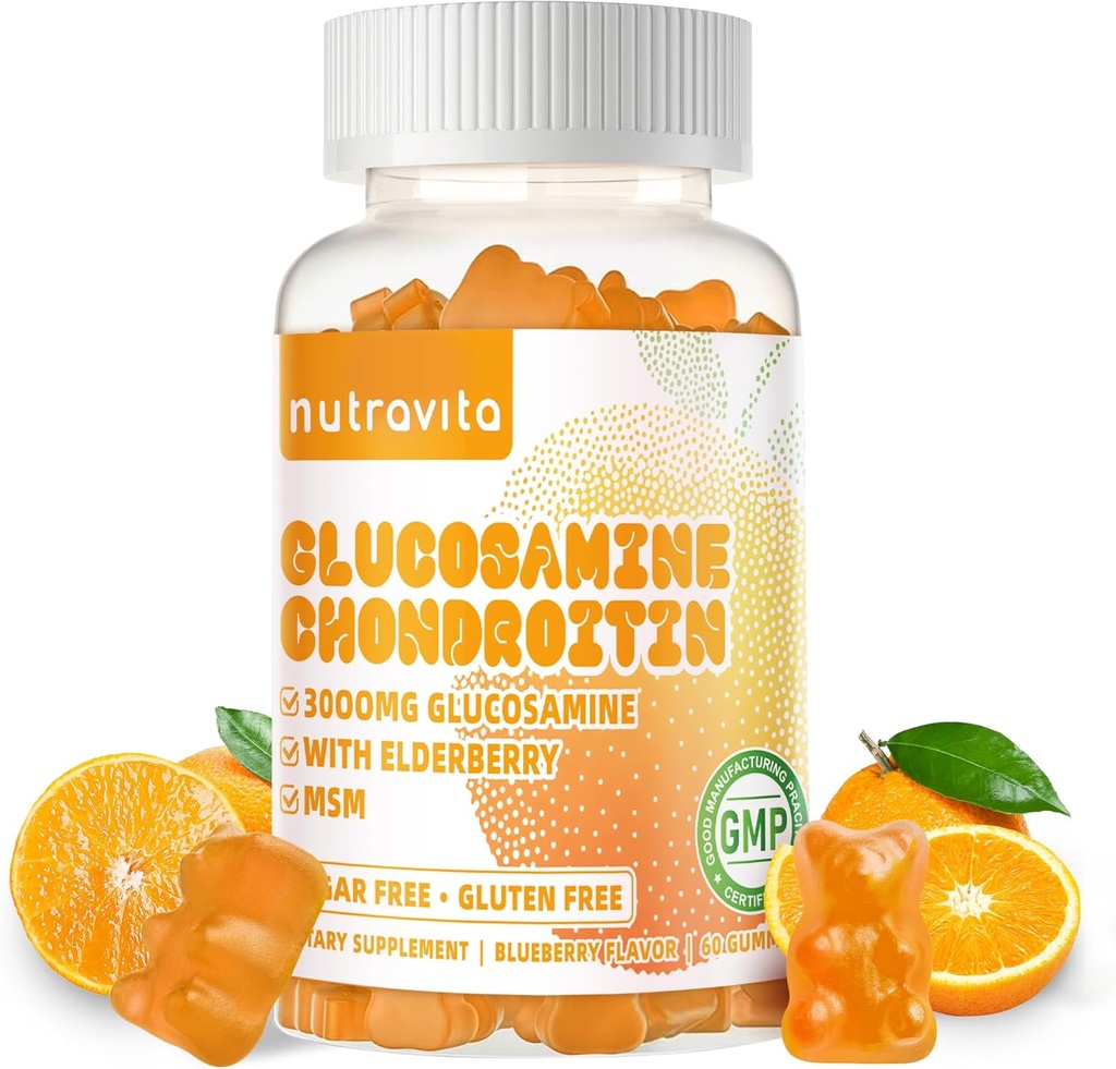 Glucosamine Chondroitin Gummies with MSM & Elderberry Extra Strength - Joint Support, Antioxidant Immune Support Supplement for Adults, Men & Women.60 Orange Chews