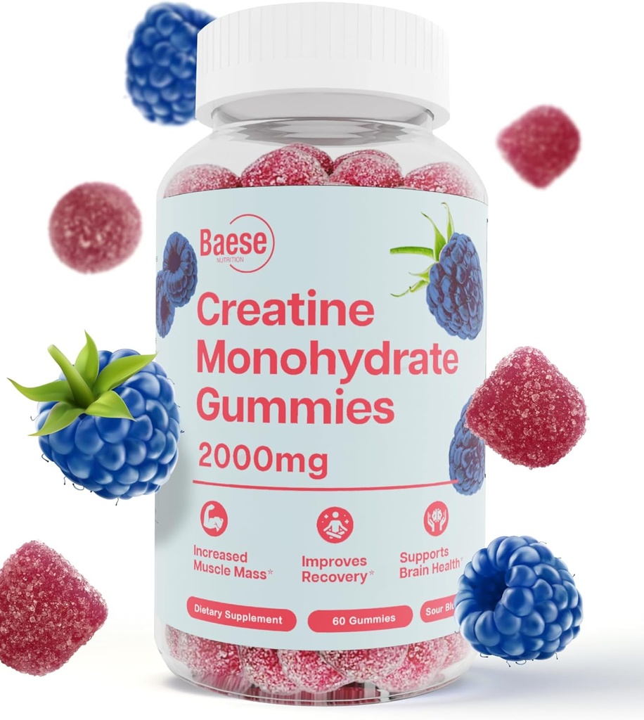Creatine Monohydrate Gummies for Men & Women - High Purity Sour Blue Raspberry- Chewable Creatine Infused Gummy for Muscle Strength & Energy Boost, Bioavailable Pre-Workout Supplement