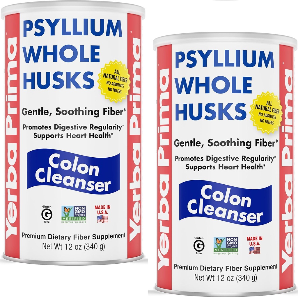 Yerba Prima Psyllium Whole Husks, 12 oz (2 Pack) - Colon Cleanser, Gluten Free, Non-GMO, Soothing Regularity