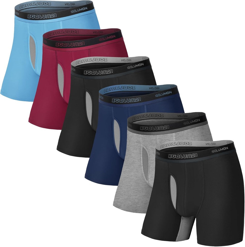 IGOLUMON Men's Underwear Bamboo Rayon Breathable Boxer Briefs with Fly Moisture-Wicking Lightweight Underwear, 6 pack