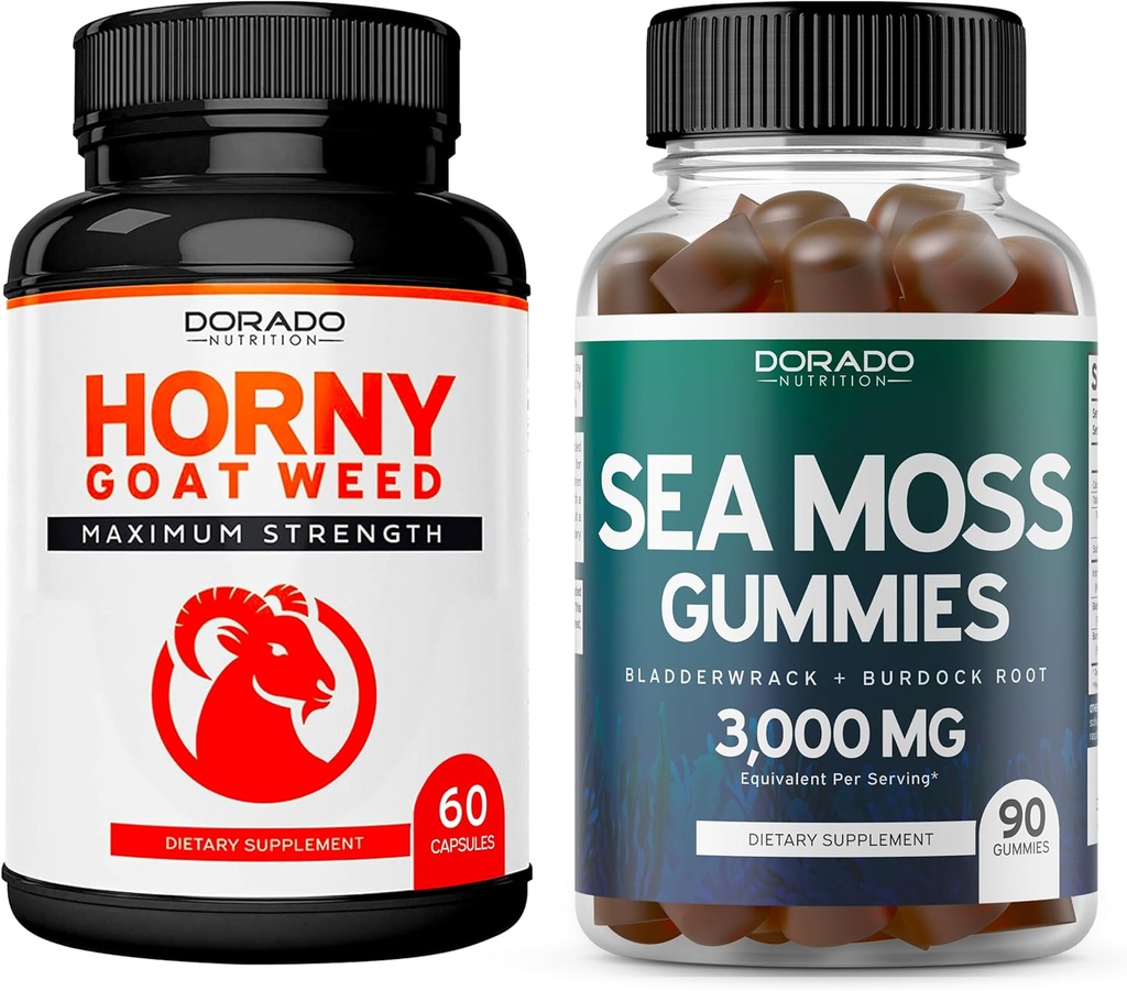 Horny Goat Weed For Adults (60 Count) Premium Hornygoatweed Maximum Strength - Icariin Epimedium and Irish Sea Moss (90 Gummies) Raw Seamoss for Thyroid, Energy, & Immune Support - Vegan & Made in USA
