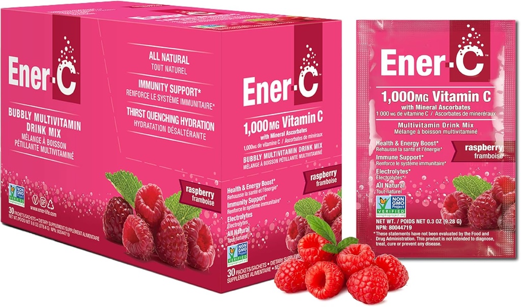 Ener-C Raspberry Multivitamin Drink Mix Powder Vitamin C 1000mg & Electrolytes with Real Fruit Juice Natural Energy & Immune Support for Women & Men - Non-GMO Vegan & Gluten Free - 30 Count