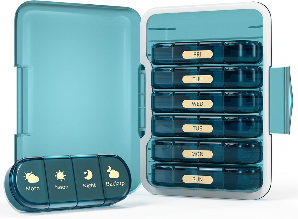 Weekly Pill Organizer 4 Times a Day, 7 Day Pill Box 4X, Portable for Travel Pill Case for Pills/Vitamin/Fish Oil/Medication/Supplements (4x7 Blue)