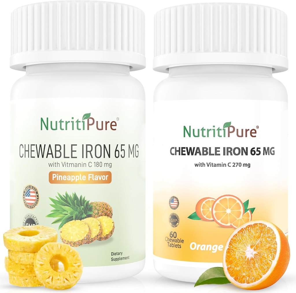 Chewable Iron 65mg with Vitamin C Bundle, Orange and Pineapple Flavor 120 Days Supply for Women/Men