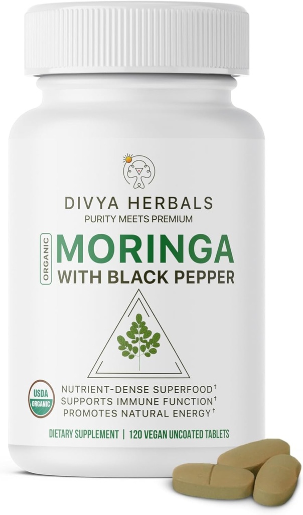 Organic Moringa with Black Pepper | 100% Pure Moringa Leaves | Supports Energy, Immunity & Digestion | 120 Uncoated Vegan Tablets