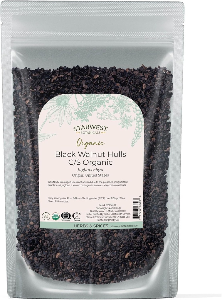 Starwest Botanicals Organic Black Walnut Hull - Cut & Sifted, Use for Tea, Baking, & Capsules, Natural Digestion Support, Certified Kosher, Non-GMO - 4 oz Pouch