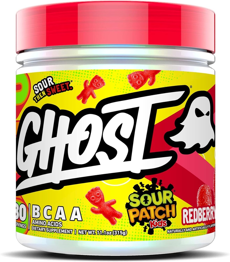 GHOST BCAA Powder Amino Acids Supplement, Sour Patch Kids Redberry - 30 Servings - Sugar-Free Intra, Post & Pre Workout Amino Powder & Recovery Drink, 7G BCAA