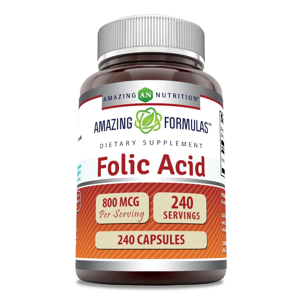 Amazing Formulas Folic Acid (Vitamin B9) 800 Mcg Supplement | Capsules | Non-GMO | Gluten-Free | Made in USA (1 Pack | 240 Count)
