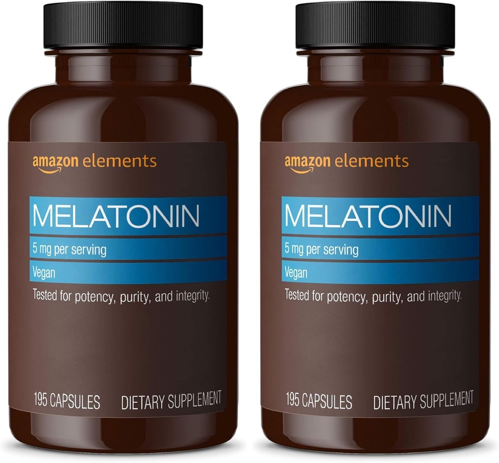   Elements - Melatonin 5mg Capsules, Helps with Occasional sleeplessness, Vegan, Unflavored, 195 Count (Pack of 2), 6 Month Supply (Packaging May Vary)