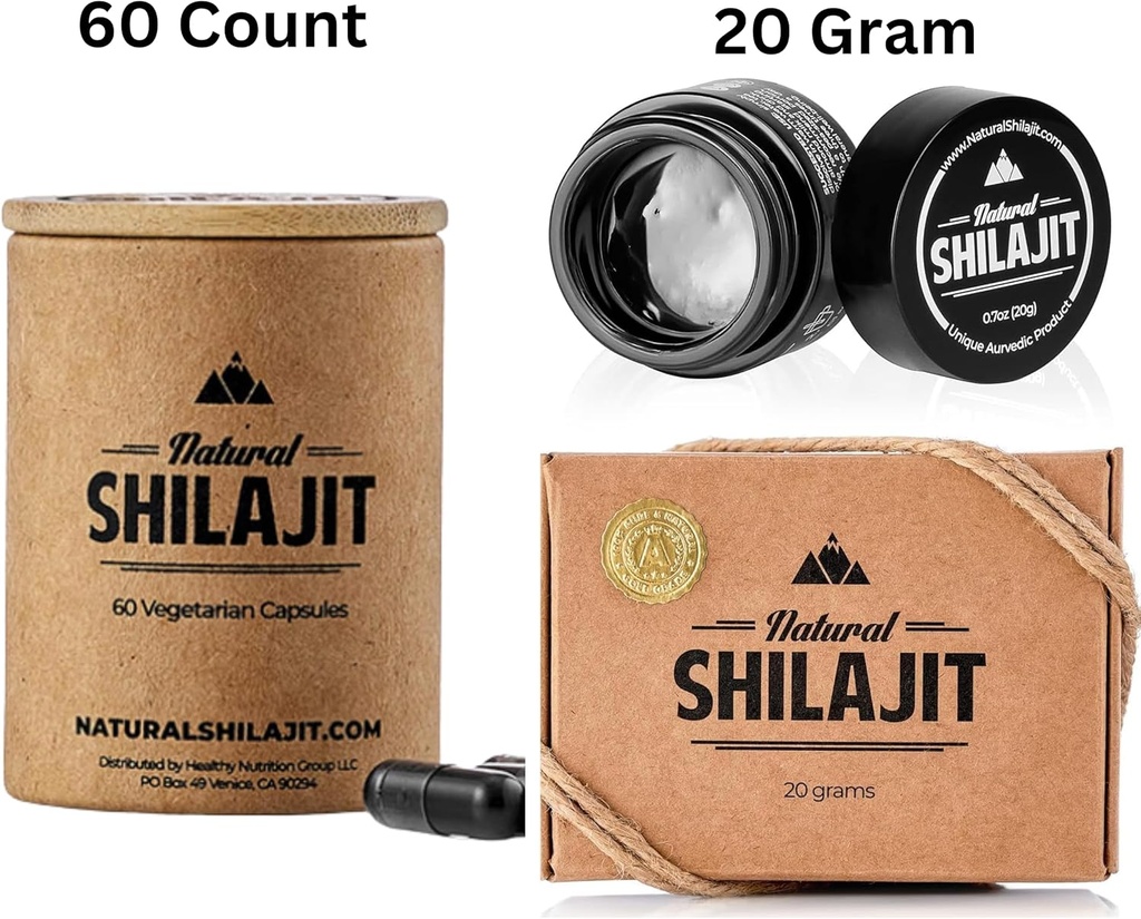NATURAL SHILAJIT Resin | Shilajit Supplement with Fulvic Acid & Trace Minerals 20G & NATURAL SHILAJIT Capsules (1-2 Months Supply) | 60 Count