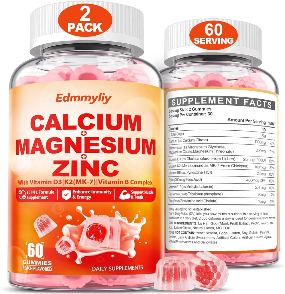 Calcium Magnesium Zinc Supplement Gummies with Vitamin D3 K2 & B Complex for Women Men 1000mg Calcium Citrate with Magnesium Gummies for Bone, Muscles & Immune Support, Sugar Free, Vegan
