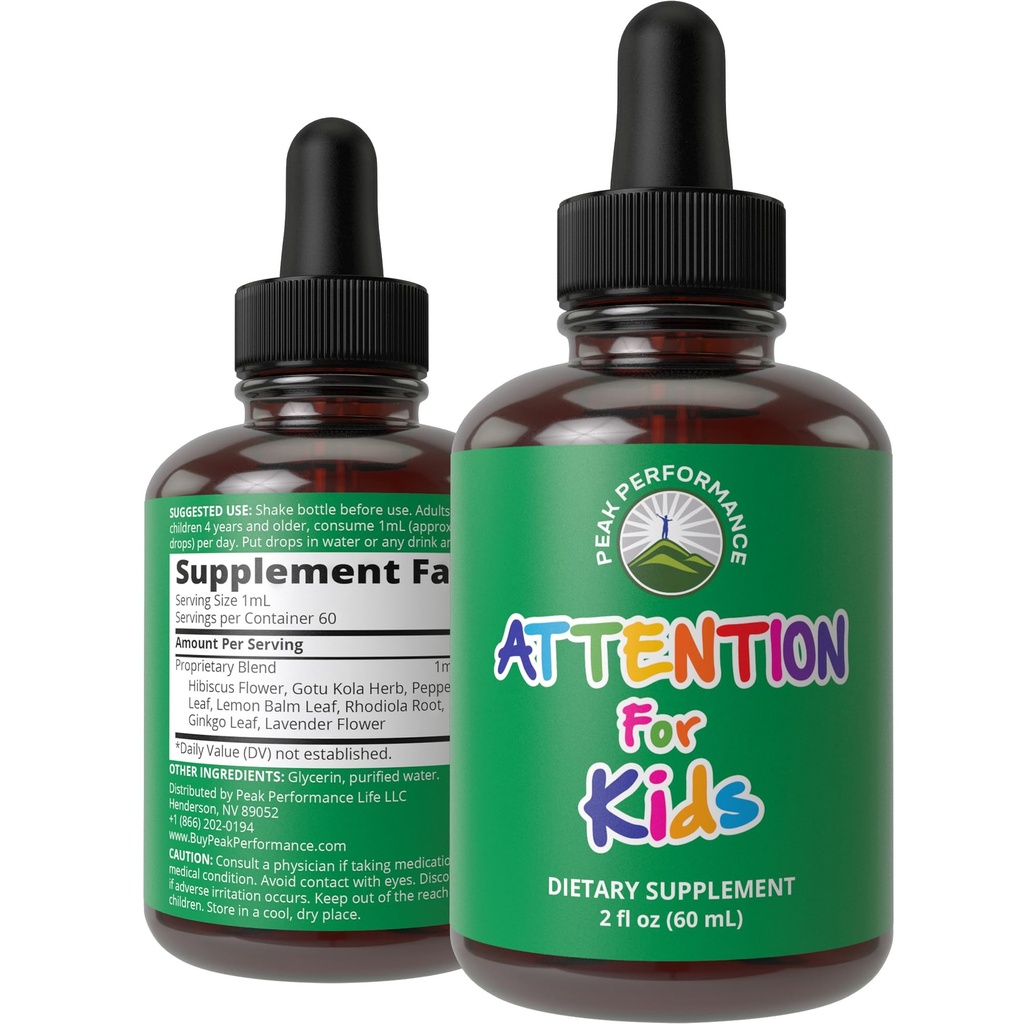 Kids Focus Drops - Attention Deficit Liquid Supplement for Concentration Brain, Memory - No Bitter Taste - Natural Non-Habit Forming Sugar Free 7-in-1 Vegan Nootropic for Children, Teenagers 2 fl oz