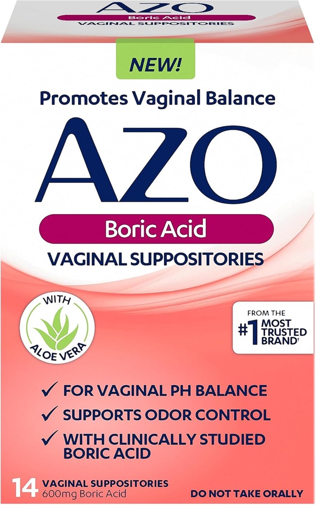 AZO Boric Acid Suppositories for Women, Helps Support Odor Control and Balance Vaginal PH with Clinically Studied Boric Acid, Non-GMO, 30 Count