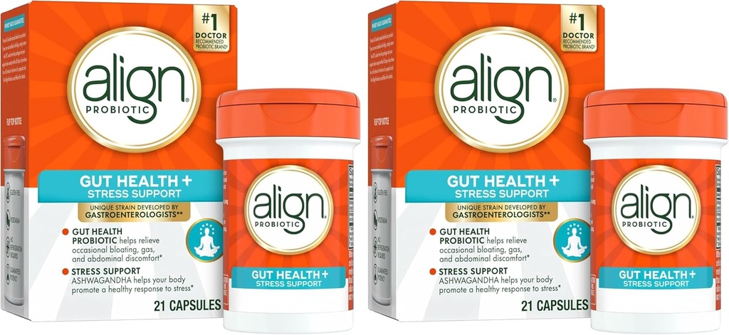 Align Probiotic, Digestive De-Stress, Probiotic for Women and Men with Ashwagandha, Helps with a Healthy Response to Stress, Gluten Free, Soy Free, Vegetarian, 21 Capsules (Pack of 2)