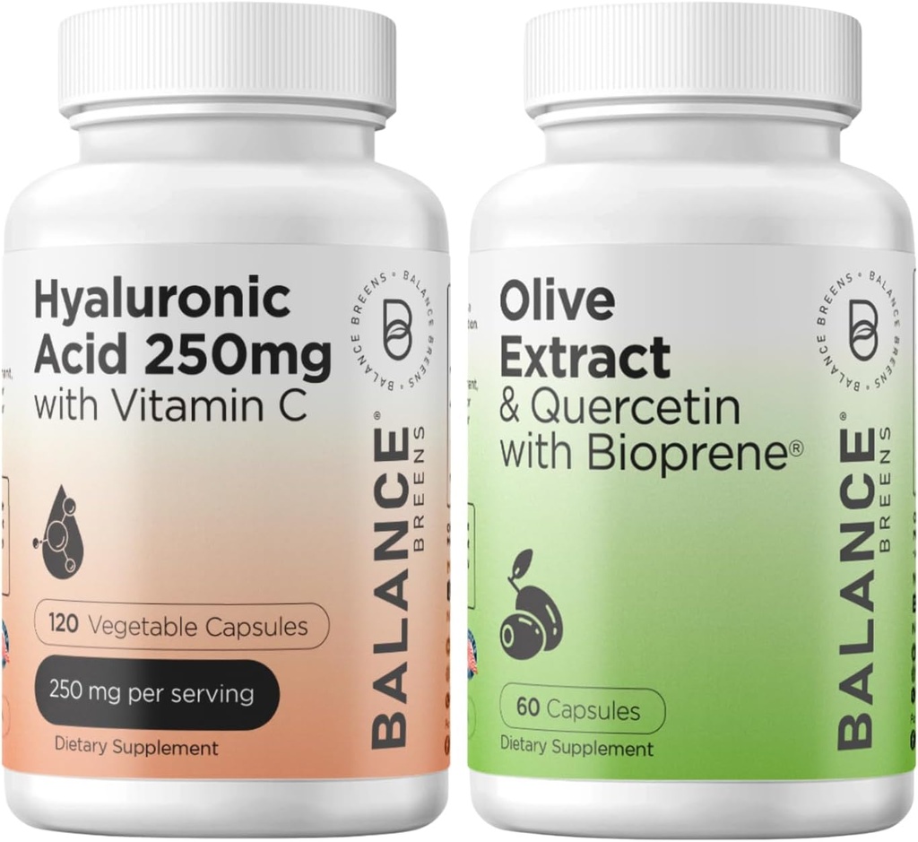 Balancebreens Pure Hyaluronic Acid 250mg with Vitamin C 50mg + Immunity Booster Olive Leaf Extract-Quercetin 400mg with Bioperine Black Pepper Extract, Supplement Combo
