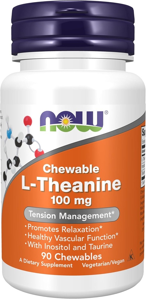 NOW Supplements, L-Theanine 100 mg with Inositol and Taurine, Tension Management*, 90 Chewables
