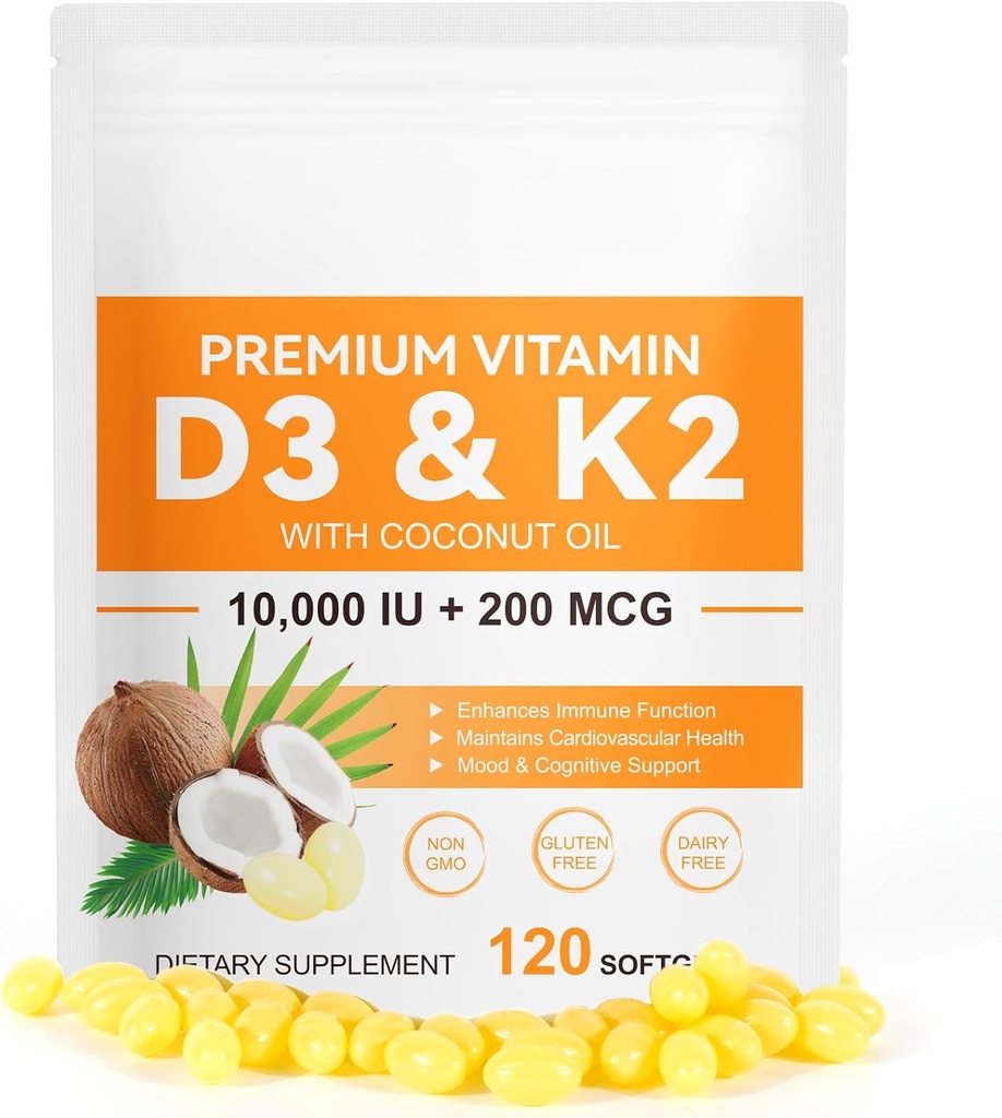 Vitamin D3 & K2 10000 IU, Virgin Coconut Oil Softgels, 2 in 1 Vitamin for Supporting Bone & Teeth Health & Immune, Easy to Absorb, 120 Count