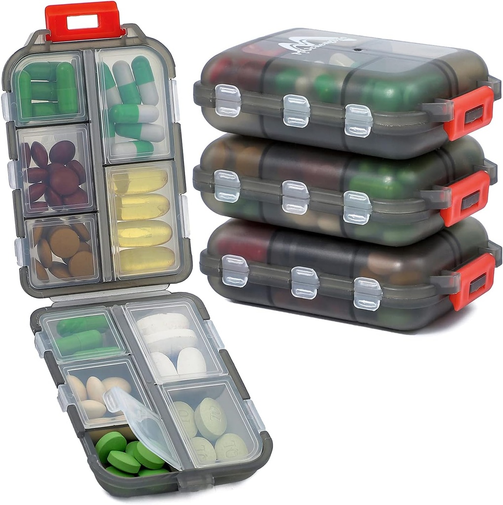 4PS Travel Pill Organizer with 164 Slice Labels，10 Compartments Travel Pill Box Portable Folding Small Pill Case Daily Pill Container Used for Carry Storage Medicine Organizer by M MUchengbao (Grey)
