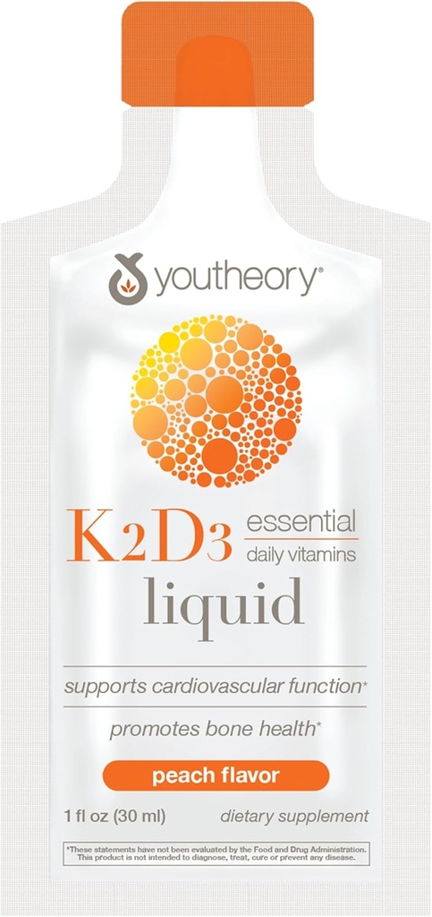 Youtheory K2D3 Liquid - Bone & Heart Health Support* - Combines Vitamin D3 & Vitamin K2 - Dairy, Soy & Gluten Free - Peach, 1 oz (12 Pack)