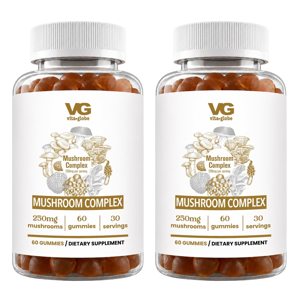 VITA GLOBE Mushroom Complex Gummies with Reishi, Lions Mane Mushrooms, Chaga, Cordyceps & More, Mushroom Supplement for Immune Defense, Energy & Brain Function Support, 250mg, 120 Count (Pack of 2)