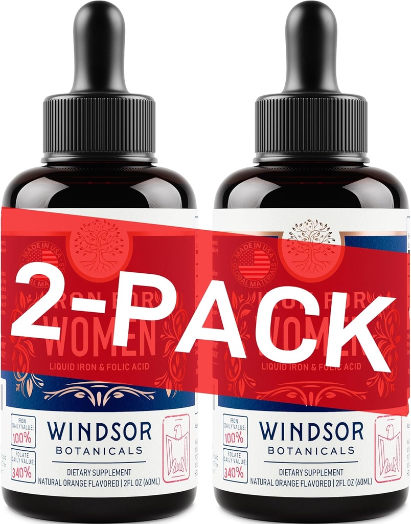 Liquid Iron Supplement for Women 2-Pack - Folic Acid, Vitamin C, Vegan Liquid Iron Supplements for Anemia, Menstruation, Pregnancy Support - Drops Orange Flavor - 2x2oz