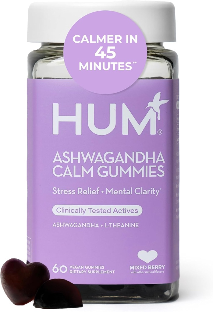 HUM Calm Ashwagandha Gummies for Women and Men, L-Theanine Ashwagandha Supplements for Daily Relaxation & Clarity Support, Vegan Fast Acting Gummy Formula, Mixed Berry Flavor, 60 Gummies
