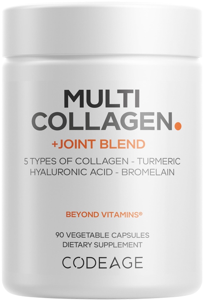 Codeage Multi Collagen Protein + Joint Blend Supplement, Hyaluronic Acid, Bromelain, Turmeric, Ginger, Boswellia, Astaxanthin - Hydrolyzed Bovine Collagen - 5 Collagen Types - Non-GMO - 90 Capsules