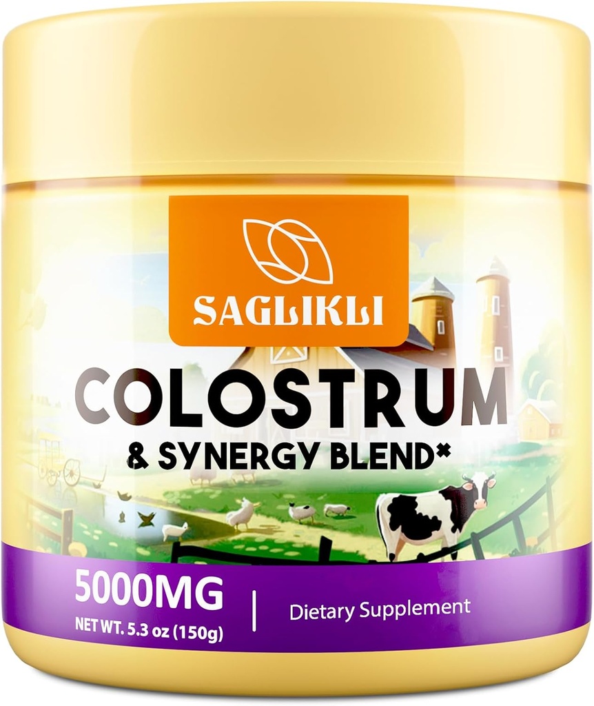 Colostrum Powder Supplement 5,000 mg, Grass-Fed Bovine Colostrum with Prebiotics, Probiotics, Lactoferrin & PRP, 30 Servings