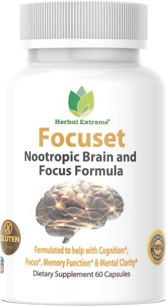 Focuset Nootropics Brain and Focus Formula. 90 Capsules Dimethylaminoethanol (DMAE Bitartrate), L-Glutamine, L-Tyrosine, GABA, Bacopa and More, White