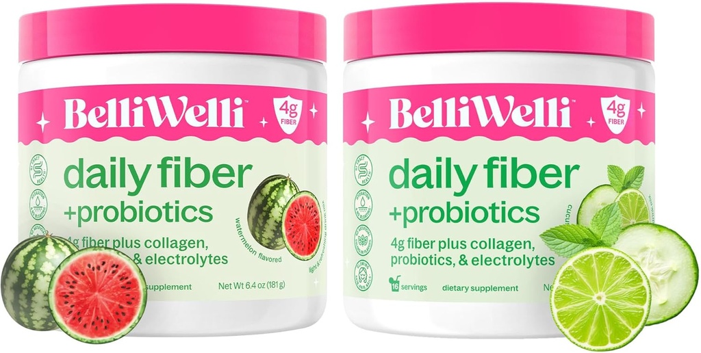 Daily Fiber Supplement Bundle - Cucumber Lime Mint & Watermelon - with Collagen, Probiotics & Electrolytes - Refreshing Wellness Flavors, 32 Total Servings