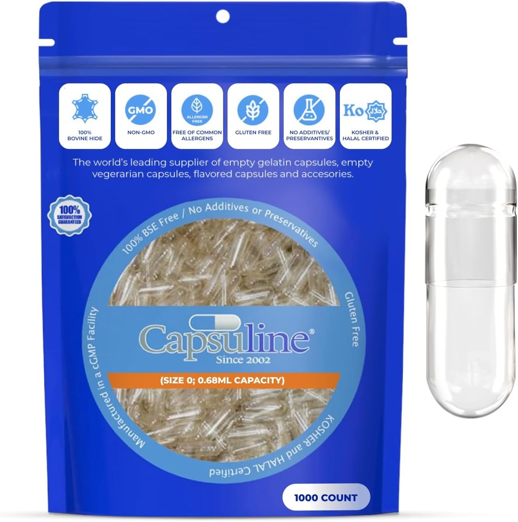Capsuline Size 0 Empty Gelatin Capsules, Clear - 1000 Count | Gluten Free, Kosher, Non-GMO Certified | Pure Bovine Pill Caps for DIY Supplement Filling - 1000