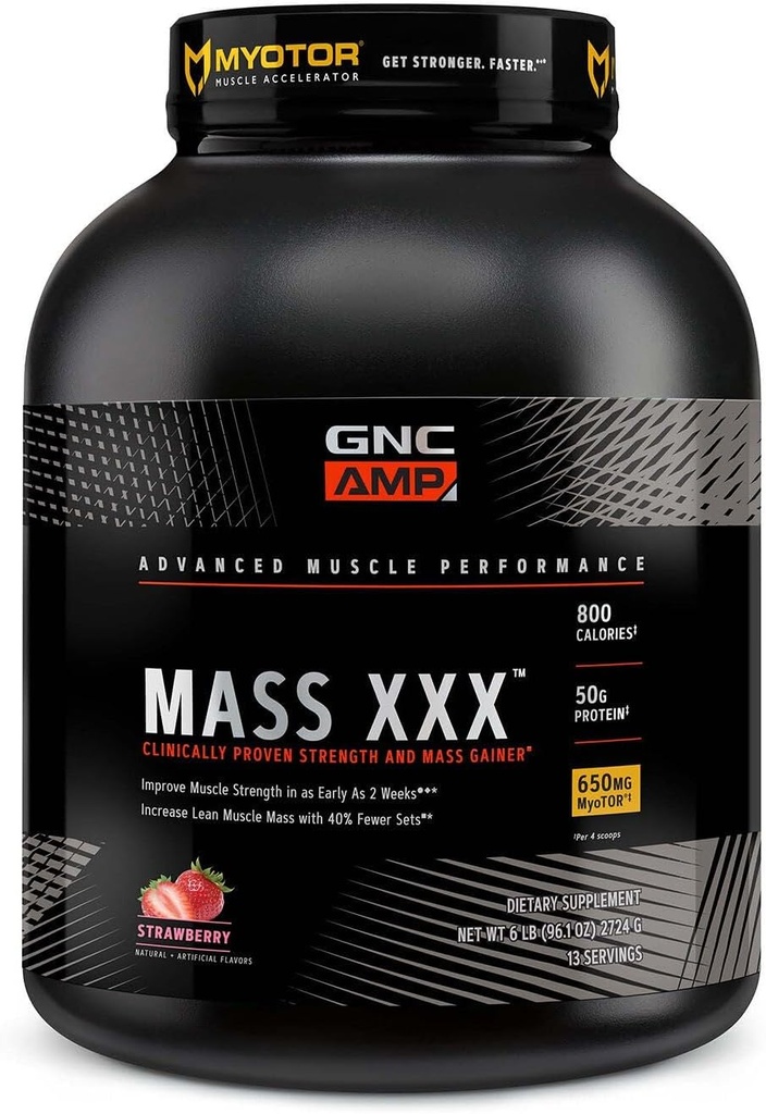 GNC AMP Mass XXX, Clinically Proven Weight Gainer Protein Powder, Improves Strength and Size, 780 Calories, 50g Protein, Micronized Amino Acids, Creatine, Betaine, Strawberry, 13 Servings, 6 Pounds