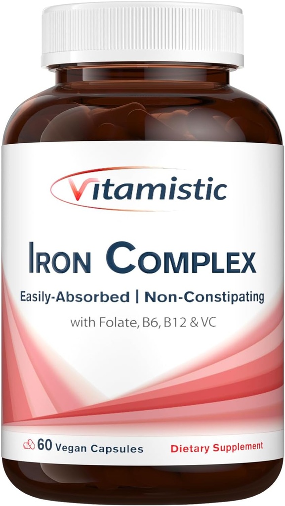Iron Supplement for Women, 36 mg Elemental Iron, Non-GMO & Non-Constipating, Ferrous Bisglycinate, Plus B & C Vitamins, Blood-Building & Energy Support, 60 Vegan Caps
