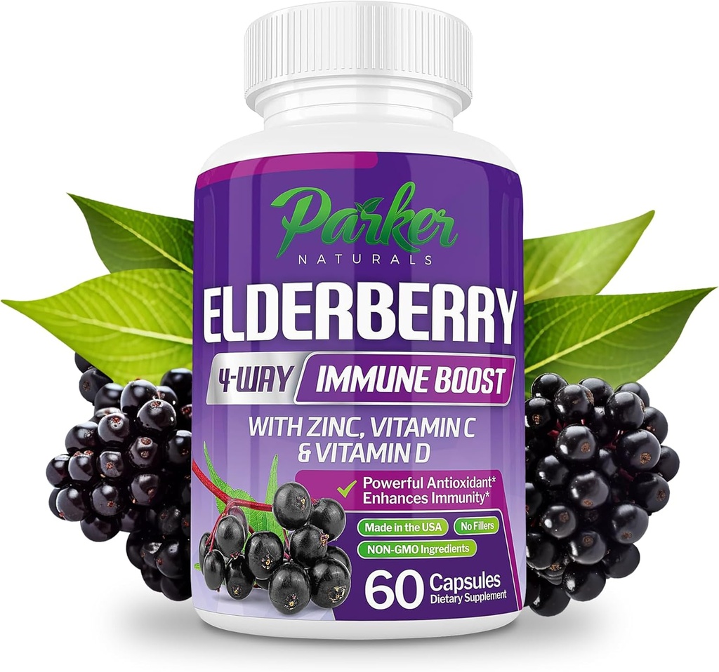 Organic Elderberry Capsules, 4-Way Immune Boost Elderberries, Vitamins C, D & Zinc Support, 1260.1 mg Elderberry Supplements for Adults, 60 Capsules